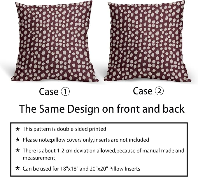 Burgundy Cream Pillow Covers 22x22 Set of 2 Boho Design Polka Dot Throw Pillows Modern Brush Strokes Print Decorative Outdoor Pillowcase Square Cushion Cover Linen Pillow Case for Home Sofa Couch Bed
