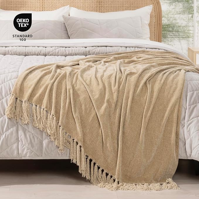 RECYCO Chenille Throw Blanket for Couch, 60"x80", Beige | Super Soft Knit Throw Blanket with Fringe Tassels, Lightweight Knitted Throw, Cozy, Ideal for Sofa Chair Bed Living Room Gift