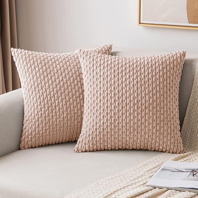MIULEE Decorative Throw Pillow Covers 18x18 Pink Textured Corduroy | Pack of 2 Striped Pillow Covers Modern Farmhouse Home Decor for Couch Bed Sofa Living Room