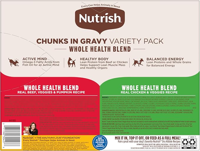 Nutrish Chunks in Gravy Variety Pack Wet Dog Food, 13 oz. Can (Rachael Ray) | Chicken & Veggies and Beef & Veggies Recipes, Natural Dog Food with Added Vitamins, Minerals and Nutrients (Pack of 12)