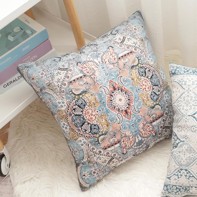 Boho Floral Throw Pillow Covers 20x20 inch Set of 2,Blue Boho Rug Geometric Floral Pattern Decor Double Sided Pattern Cushion Cover Soft Pillow Case Living Sofa Room Bed Square Pillow Cover