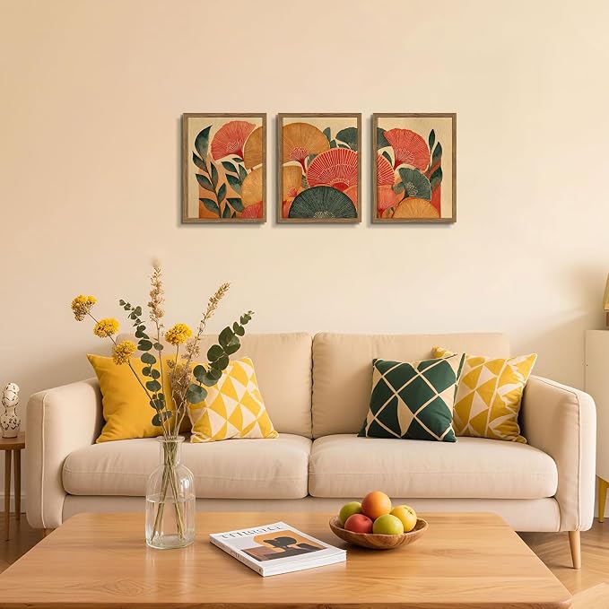 Framed Colorful Botanical Wall Art Set of 3, Vintage Ginkgo Leaves Canvas Wall Decor Paintings, Mid Century Abstract Flowers Posters Prints Pictures for Living Room Bedroom Bathroom 12x16 Inch