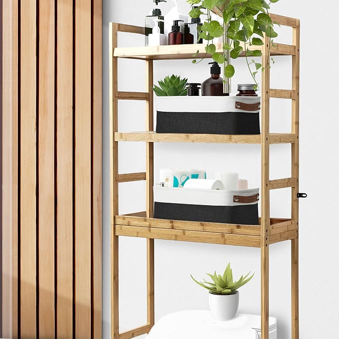 DECOMOMO Narrow Storage Bins, Small Storage Baskets for Shelves 4 Pack | Baskets for Organizing Bathroom, Toilet Tank, Gifts (Black and White)