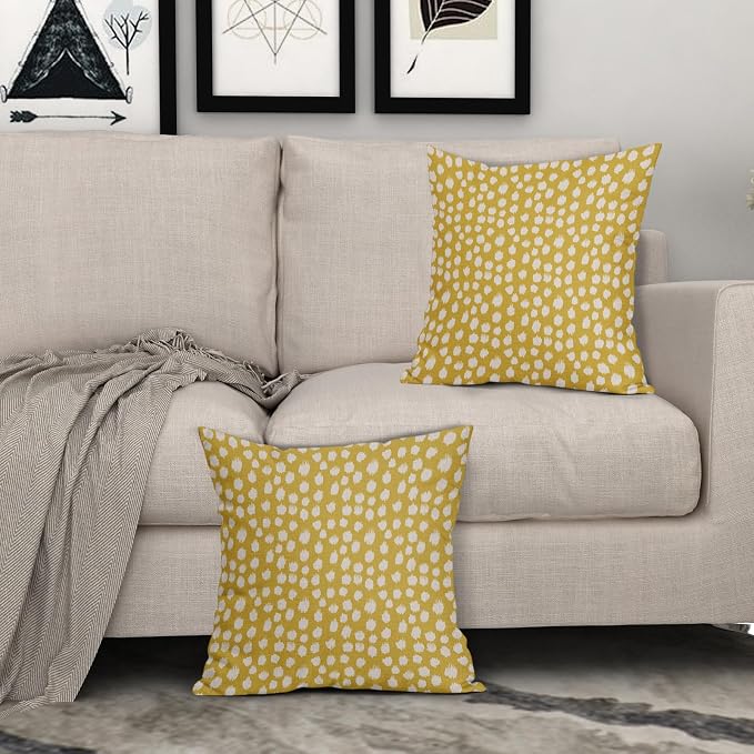 Sweetshow Yellow Cream Dots Pillow Covers 18x18 Set of 2 Boho Design Polka Dot Throw Pillows Modern Trendy Print Outdoor Decorative Pillowcase Square Linen Cushion Cases Decor for Sofa Couch Bed