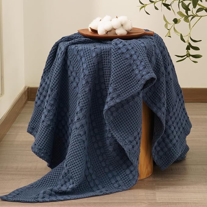 PHF 100% Cotton Waffle Weave Throw Blanket, Lightweight Breathable Summer Blanket for Couch Sofa, Pre-Washed Soft Throws for Bed, Office, Travel & Stylish Home Decor, 50"x60", Indigo