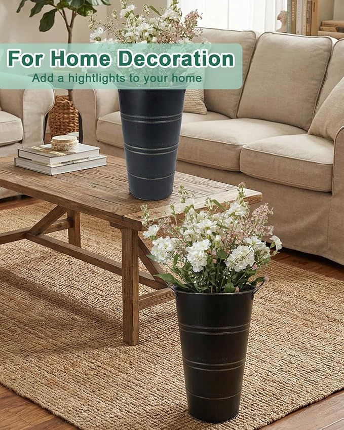 12 Inch Galvanized Metal Vase, 2 Pack Tall Flower Buckets with Handles | Galvanized metal flower buckets with handles, rustic tall vase design for dried flowers, weddings, farmhouse and home decor.