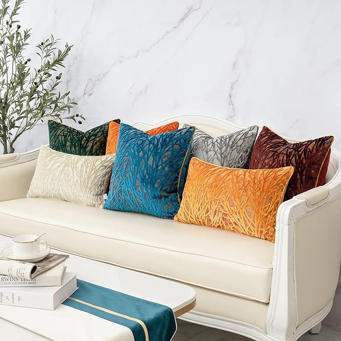 Green Twigs Throw Pillow Cover Branches Velvet Cushion Case Neutral Pillowcase for Sofa Couch Bedroom Living Room Home Decor,18x18 Inch