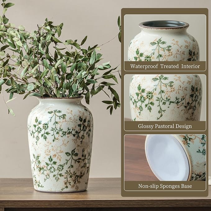 Ceramic Flower Vase for Home Decor, Green Vintage Decorative Vase 8 Inch | Rustic Farmhouse Floral Vase for Living Room, Bookshelf, Coffee Table, Kitchen, Mantel, Entryway, Wedding Centerpiece