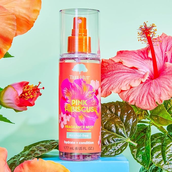 Tree Hut Pink Hibiscus Hair & Body Mist, Hydrating & Alcohol-Free Body Spray, Fragrance with Hibiscus, Poppy & Rasberry Notes, Alcohol-Free Formula, 6 Fl Oz.