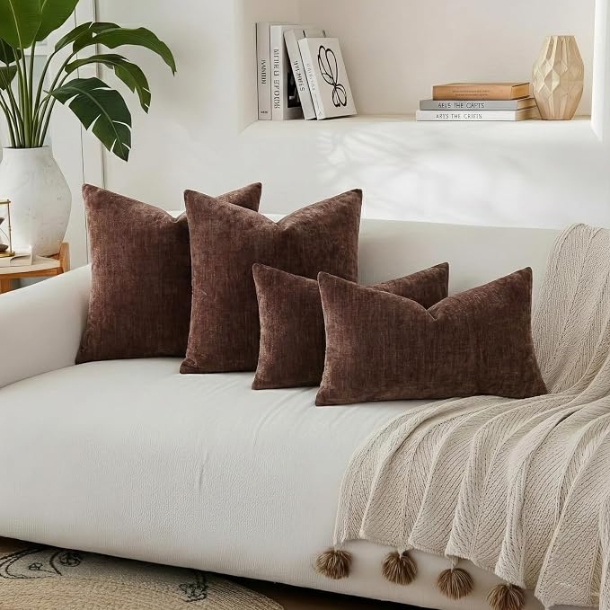 decorUhome Soft Chenille Reddish Brown Throw Pillow Covers 24X24 Set of 2 | Decorative Fall Couch Pillow Covers Solid Dyed Accent Modern Euro Sham Farmhouse Neutral Square Pillow Cases for Sofa
