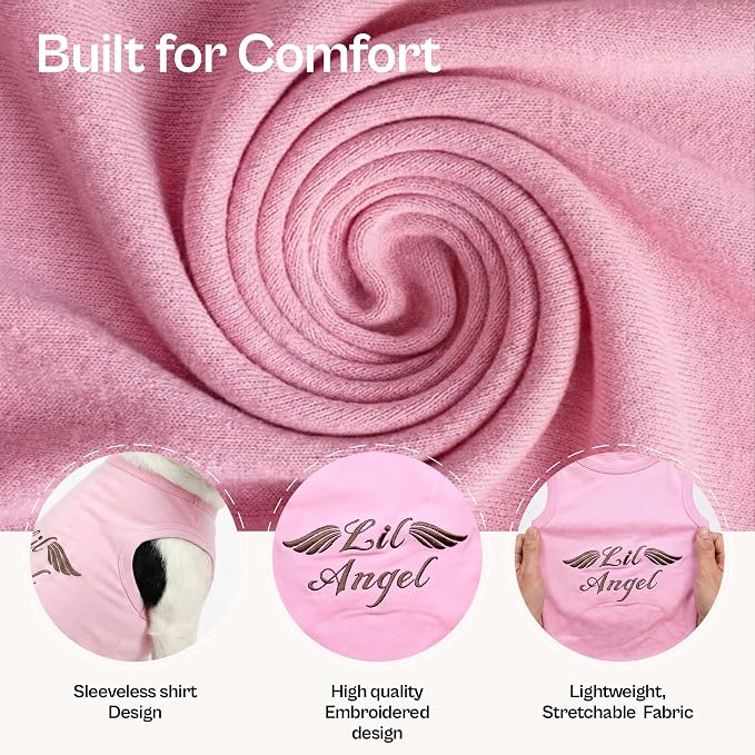 Parisian Pet Dog Shirt – 100% Cotton Lil Angel Shirts for Medium Dogs – Pink Sleeveless Puppy Clothes – Breathable and Soft Girl Dog Clothes - Stretchy Pet Apparel - Summer Tshirts for Dogs
