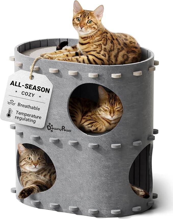 DownyPaws Cat House for Indoor Cats, 2-Storey Cat Bed Cave, Light Gray | Cat Hideaway Enclosed Bed,Cave Hideout Fort, Kitten Houses for Large Cats,Hide Box Bed Multicats Scratch Resistant