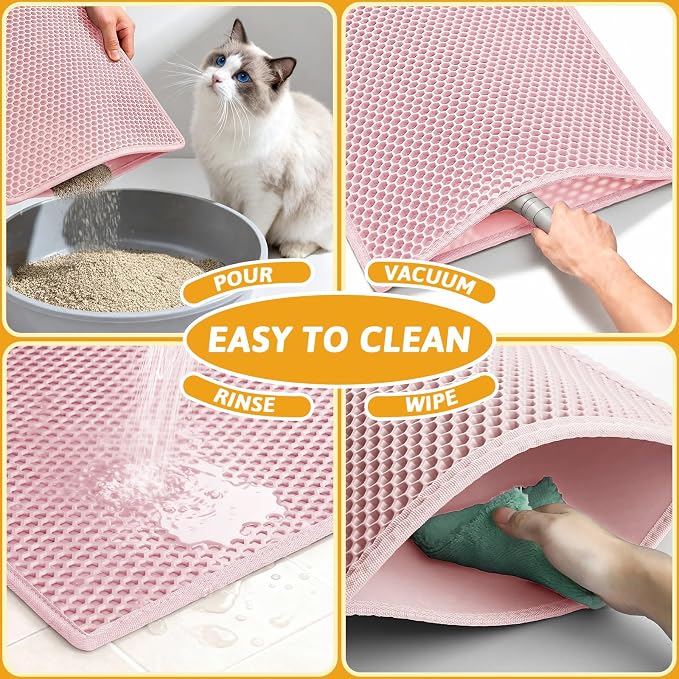 Pieviev Cat Litter Mat, Double-Layer Waterproof Litter Trap, 24" x 15" Pink | Honeycomb Design Catches Scattered Particles to Stop Tracking, Urineproof Base Protects Floors, Easy to Clean