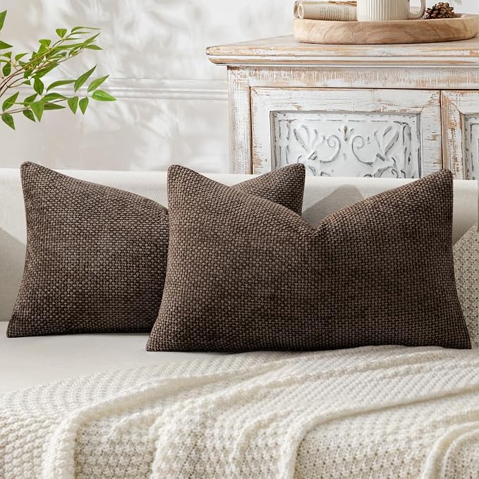 MIULEE Decorative Lumbar Throw Pillow Covers 12x20 Inch Dark Brown 2 Pack | Modern Boho Accent, Soft Chenille Pillow Covers, Farmhouse Cushion Cases for Couch Bed Sofa Living Room Home Decor