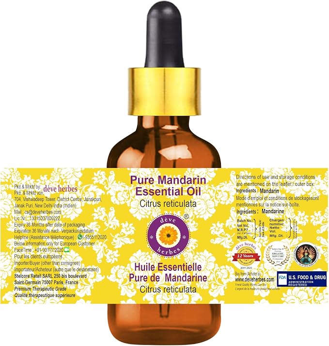 Deve Herbes Pure Mandarin Essential Oil (Citrus reticulata) with Glass Dropper Steam Distilled 5ml (0.16 oz)