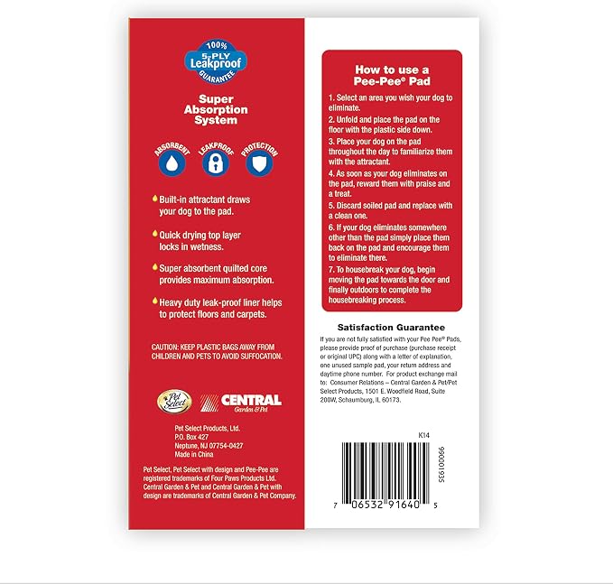 Four Paws Pet Select Pee Pee Pads for Dogs and Puppies 100 Count Standard: 22" x 22" | Leak-proof, 12 hour floor protection, quilted potty training pads, 5 layers, 22" x 22"