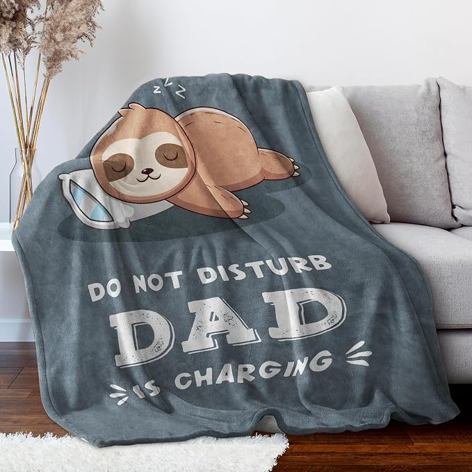 Leebbsin Funny Gift for Dad, Dad Birthday Gift from Daughter Son | Dad is Charging Sloth Blanket 60" x 50", Grey, Dads Gifts for Fathers Day Christmas, Soft Sloth Throws Blanket for Father
