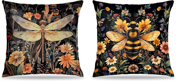 William Morris Inspired Wildflower Dragonfly Bee Pillow Covers 18x18 Set of 2, Vintage Dark Cottagecore Floral Botanical Insects Decorative Throw Pillow Covers for Home Bedroom Living Room