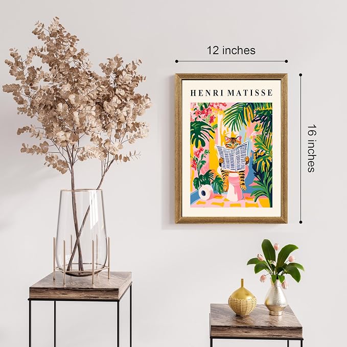 ICHZUMW Framed Funny Tabby Cat Matisse Canvas Bathroom Wall Art, 12x16 In | Humorous Cat Reading on Toilet, Girly Pink Dopamine Bathroom Wall Decor, Restroom Powder Room, Fade Resistant, Ready to Hang