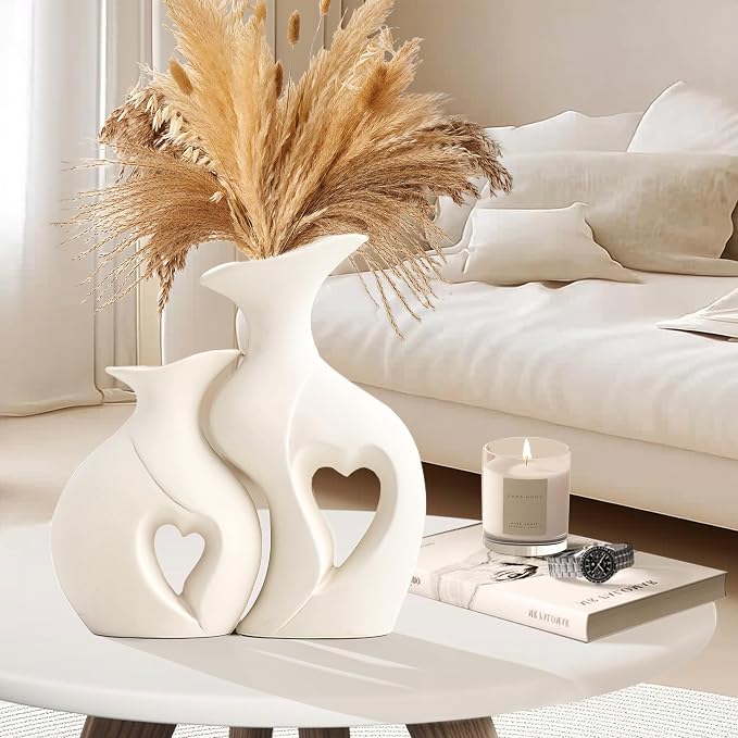 XL White Flower Vases, Nordic Heart Shaped Ceramic Vase Set of 2 | Modern Home Decor, Table Centerpiece, Dining Living Room Office Coffee Table, Wedding House Decoration,H 10.1 inches