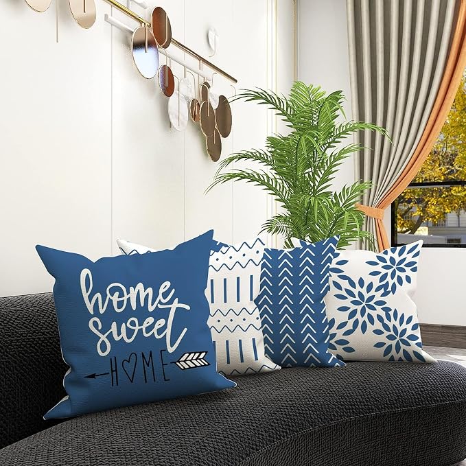 YCOLL Pillow Covers 20x20 Set of 4, Modern Sofa Throw Pillow Cover, Decorative Outdoor Linen Fabric Pillow Case for Couch Bed Car，Light Blue