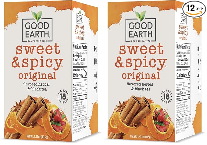 Good Earth Herbal & Black Tea, Sweet & Spicy, 18 Count Tea Bags (Pack of 12) (Packaging May Vary)