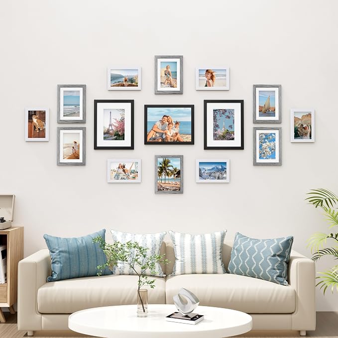 Vittanly 15 Pack Gallery Wall Frame Set, Black, Grey, White | Picture Frames Collage Wall Decor: 3pcs 8x10, 6pcs 5x7, 6pcs 4x6. Picture Frame Set for Wall or Tabletop Display