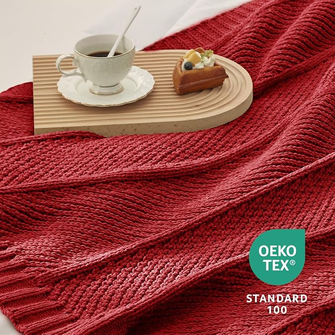 Knit Throw Blanket, Soft Chenille Cozy Breathable Chevron Chunky Decorative Blanket for Couch, Bed & Sofa, French-Inspired Lightweight Warm Gift for Women, Christmas Red, 50"x60"