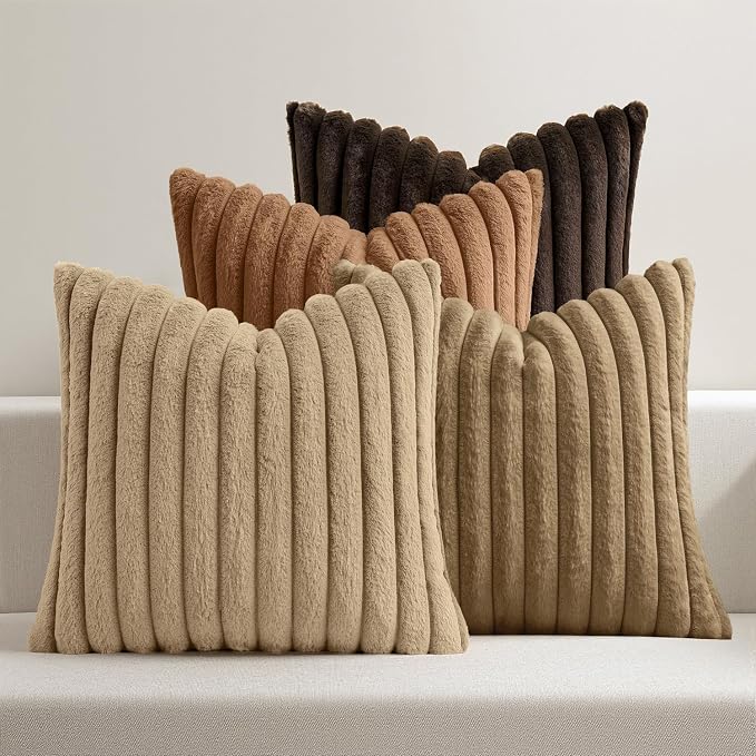 MIULEE Fall Faux Fur Plush Decorative Throw Pillow Covers 18x18, Dark Brown | Set of 4, Striped, Soft Boho Farmhouse Vintage, Rustic Cozy Home Decor, Cushion Cases for Sofa Couch Bed Living Room