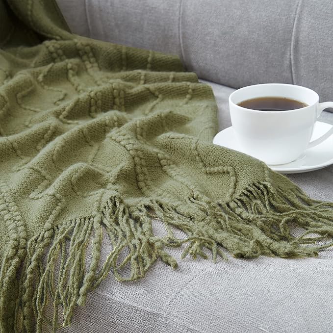BOURINA Olive Throw Blanket 50x60 Inch Boho Knitted Soft Throw Sofa Blanket | Knitted Throw Blanket 50x60 Inches, Soft Lightweight Boho Weave Throw Decorative Couch Blanket for Living Room Bedroom Chair