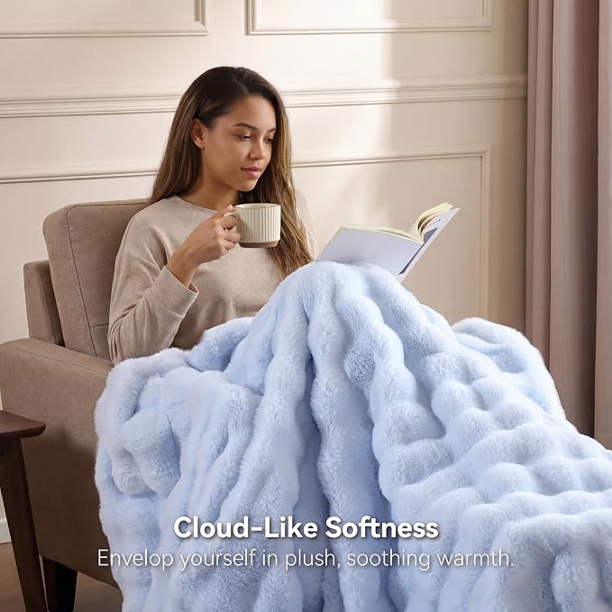 Faux Rabbit Fur Throw for Couch - Light Blue Bubble Blanket 60"x80" | Fluffy Plush Fuzzy Throw for Sofa & Bed, Super Soft Cozy Comfrt Blanket, Luxury Aesthetic Light Blue Decor Gift for Women