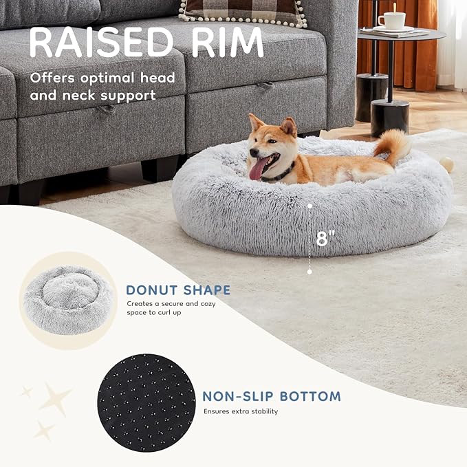 DUMOS 37.4 Inch XL Donut Dog Bed for Indoor Use, Fluffy Faux Fur Plush | Warming Cozy Round Pet Bed, Machine Washable Cuddler, Anti-Slip Bed for Dogs and Cats, Grey
