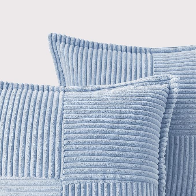 MIULEE Decorative Throw Pillow Covers for Couch 20x20 Inch Light Blue | 2 Pack, Boho Broadside Striped Patchwork Pillow Covers, Soft Corduroy Cushion Cases, For Sofa Bed Livingroom Home Decor