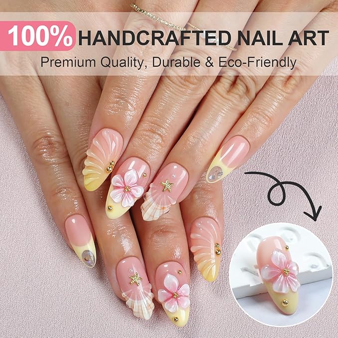 Handmade Press On Nails Almond, 3D Flowers Rhinestone Water Ripple Design Short Fake Nails with French Tips, Salon-Quality Reusable, Fall/Winter Gift for Women, 10pcs