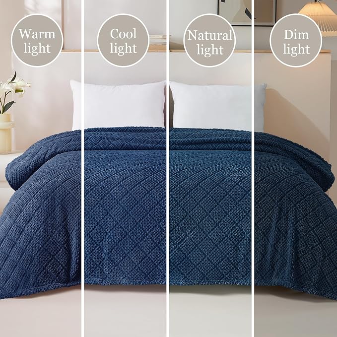 Whale Flotilla Soft Fleece King Size Blanket for Bed, Navy Blue | Jacquard Waffle Blankets for Home Decor, Lightweight and Cozy, All Season Suitable, 90x104 Inch