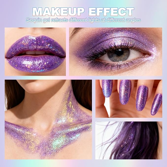 Erinde Holographic Body Glitter Gel, Roll-On Face Hair Glitter for Mermaid Makeup Festival Party Rave Accessories, Chunky Sequins Chameleon Shimmer Christmas Makeup for Women Girls, 08 Purple