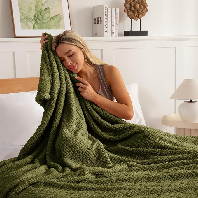 Whale Flotilla Soft Fleece Twin Size Blanket for Bed, Olive | Jacquard Waffle Blankets for Home Decor, Lightweight and Cozy, All Season Suitable, 60x80 Inch
