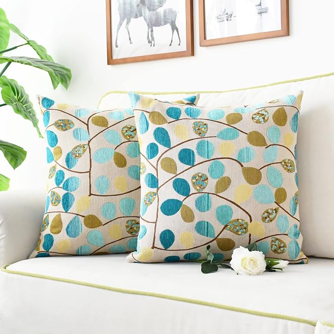 CaliTime Decorative Throw Pillow Covers 20 X 20 Inches Ecru Teal | Luxury Chenille Cute Leaves Cushion Case Shell for Couch Sofa Bed Living Room Home