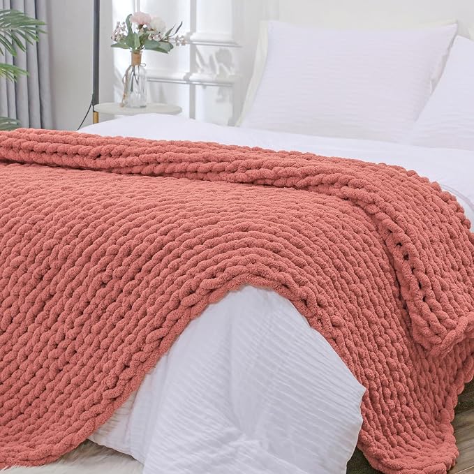 Bigacogo Chunky Knit Throw Blanket for Couch, 40x80 inches, Antique Red | Hand Knit with Jumbo Chenille, Soft Breathable Cable Knit for Sofa Bed Living Room, Machine Washable, Gift for Mom Friend