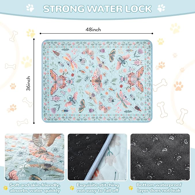 Lahome Insect Washable Reusable Pee Pads for Dogs, 2 Pack, Blue, 36x48 | Waterproof, absorbent pet mats with non-slip backing and butterfly print; suitable for crates, floors and potty training.