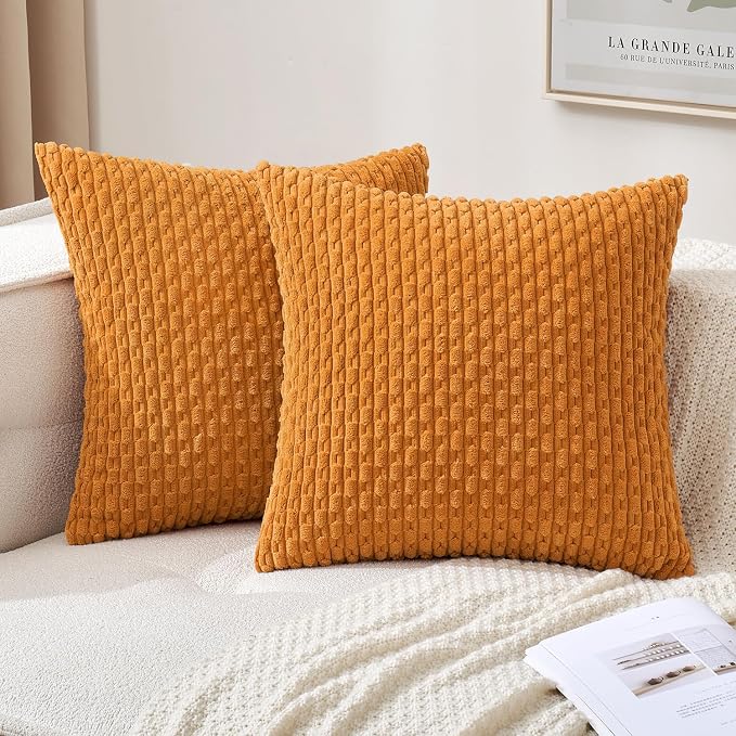 MIULEE Decorative Throw Pillow Covers 18x18 Fall Burnt Textured Corduroy | Orange Pack of 2 Striped Pillow Covers Modern Farmhouse Autumn Home Decor for Couch Bed Sofa Living Room