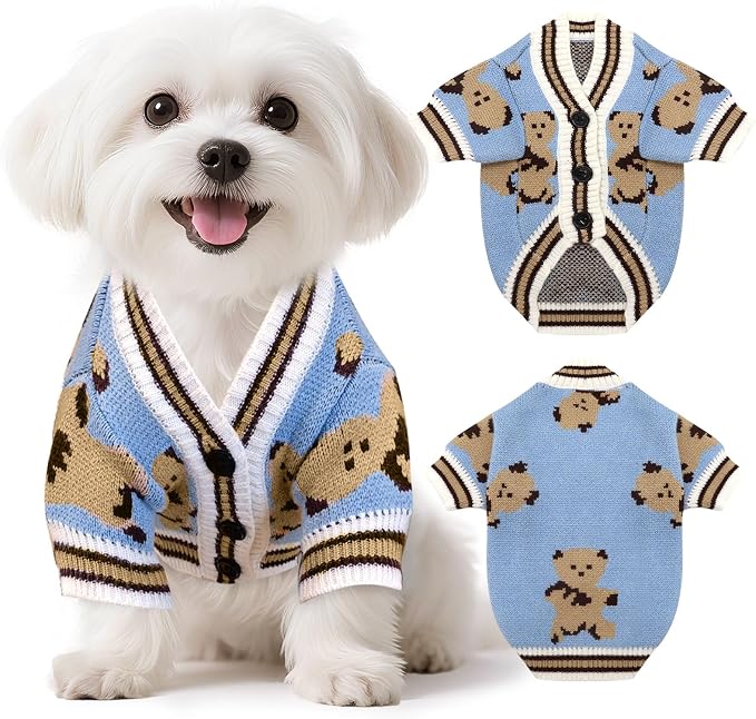 Small Dog Sweaters Cute Bear Knitted Dog Cardigans Clothes for Small Medium Dogs Soft Pet Puppy Cat Knitting Outfits Fall Winter Warm Boy Girl Dogs Knitwear Coat Apparel（Blue,Medium）