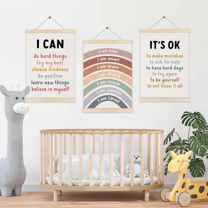 Koesus Inspirational Classroom Rainbow Wall Art Poster Hanger Frame 12x16 Inch Set of 3, Positive Affirmations for Kids, Motivational Canvas Prints Framed Wall Decor for Classroom Kids Room Playroom