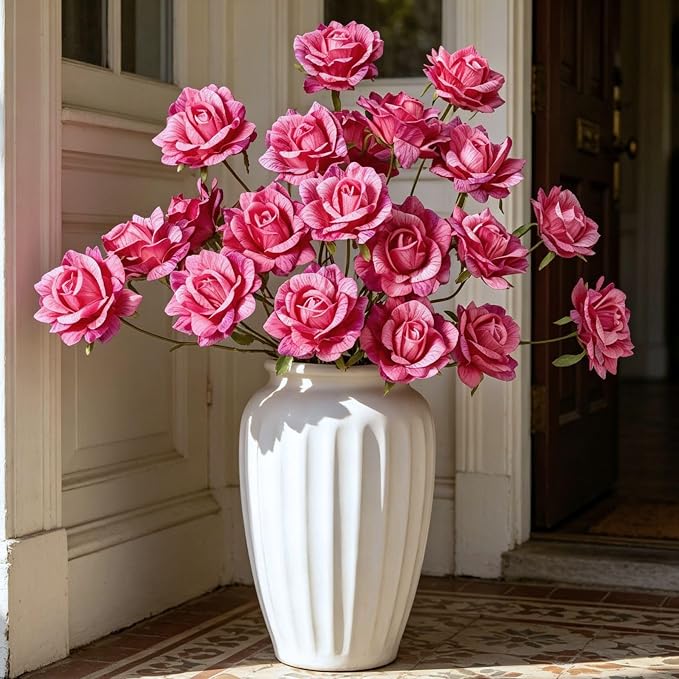 INXUGAO Artificial Flowers Fake Roses for Outdoor, 6Pcs 28" Long Stem Silk Roses for Wedding Indoor Outside Party Decor, Realistic Faux Bouquet for Tall Vase Planter (Fuchsia)