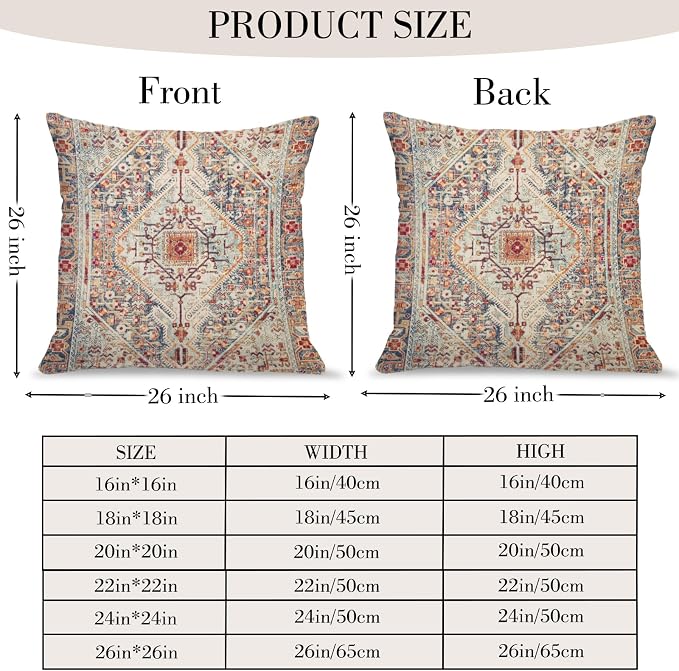 Boho Throw Pillow Covers 26x26 inch Set of 2,Boho Vintage Carpet Pattern Antique Ethnic Decor Double Sided Pattern Cushion Cover Soft Pillow Case Living Sofa Room Bed Square Pillow Cover