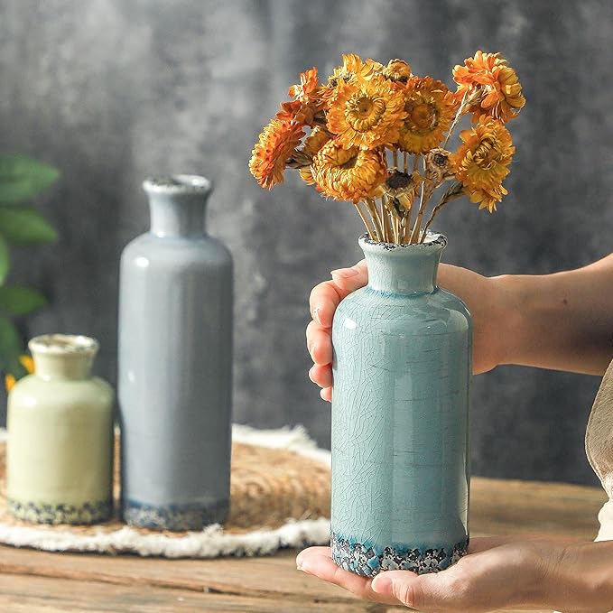 Ceramic Vase Set of 3, Flower Vases Home Decor, Neutral Pottery Rustic Farmhouse Decorative Vases Modern Decor for Table Mantel Entryway Bookshelf Living Room Kitchen Bedroom - Multicolor