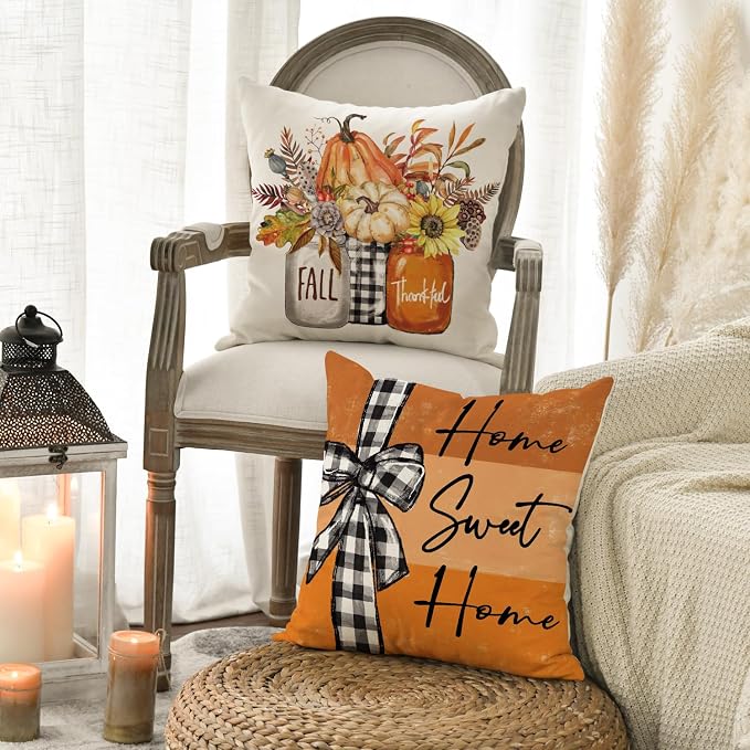 AVOIN colorlife Fall Pumpkin Home Sweet Home Throw Pillow Covers, 18 x 18 Inch Autumn Thankful Grateful Blessed Harvest Floral Orange Decorations for Sofa Couch Set of 4