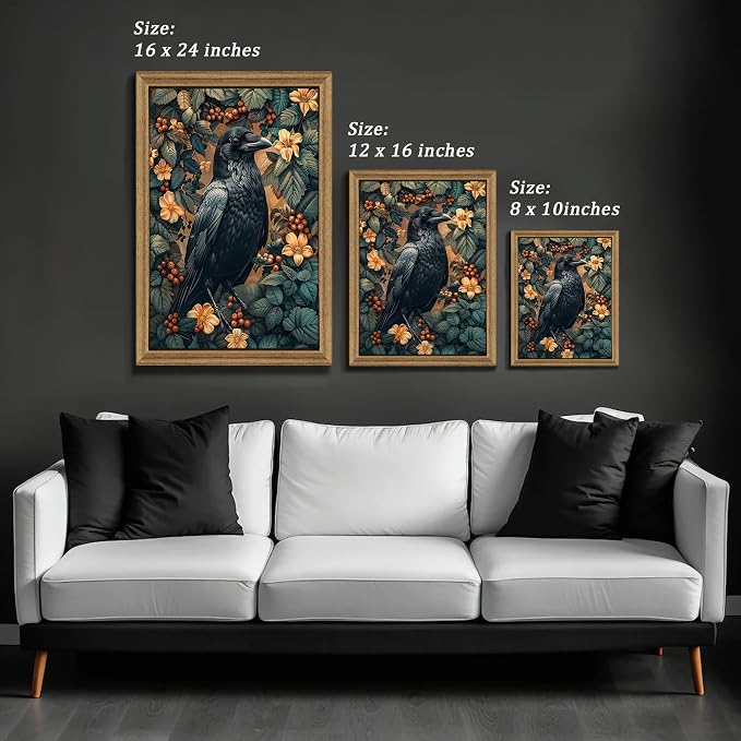 ICHZUMW Framed William Morris Raven Dark Academia Canvas Wall Art 8x10 In | Gothic Dark Cottagecore Crow Painting, Moody Floral Wall Decor for Bedroom Living Room Bathroom Office, Ready to Hang