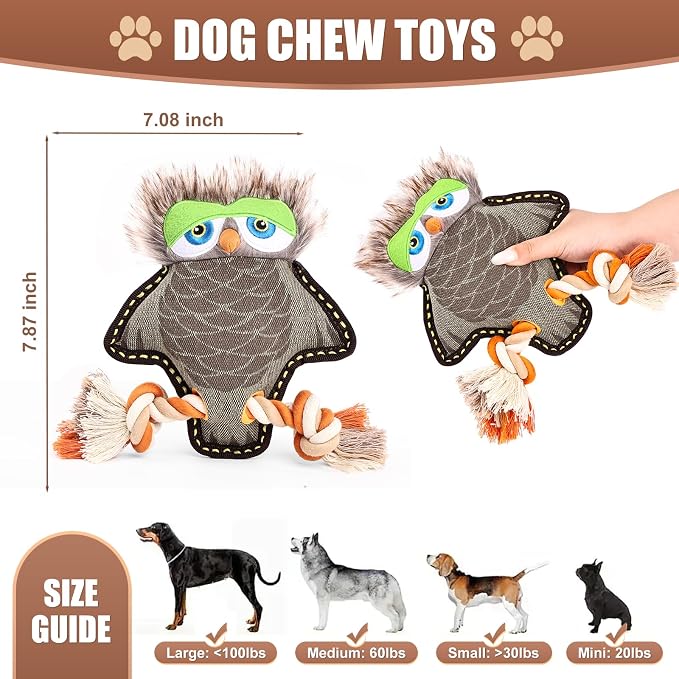 Tough Durable Squeaky Dog Toys for Aggressive chewers Interactive to Keep Them Busy, Funny Cute Tug of war Rope Birthday Dog Toy (Owl)