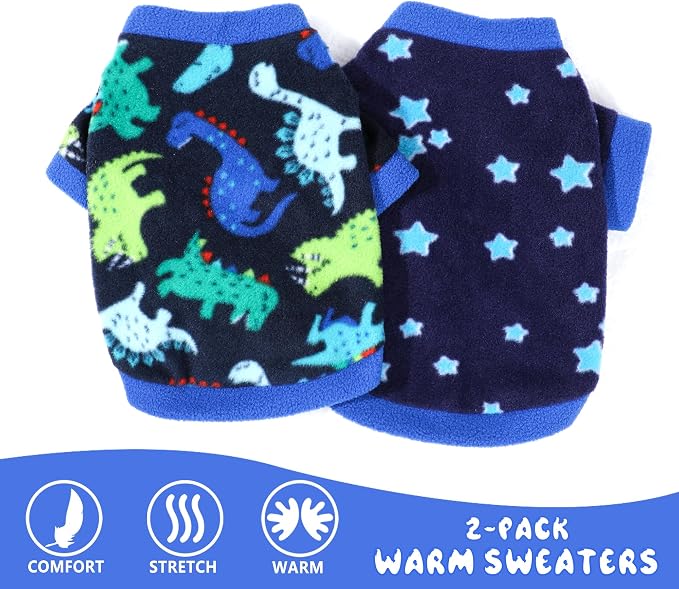 2 Pieces Dog Sweaters for Small Dogs Fleece Dog Clothes Soft Warm Puppy Sweater Doggie Coat for Winter Pet Cloting for Teacup Chihuahua Yorkie (Stars, Dinosaurs, XSmall)